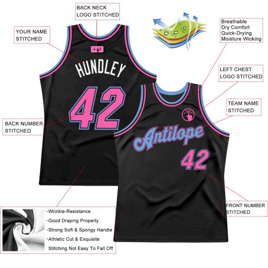 Custom Black Pink-Light Blue Authentic Throwback Basketball Jersey