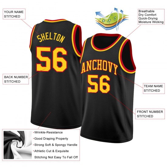 Custom Black Gold-Red Round Neck Rib-Knit Basketball Jersey