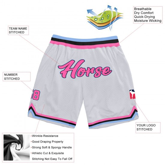 Custom White Pink-Light Blue Authentic Throwback Basketball Shorts