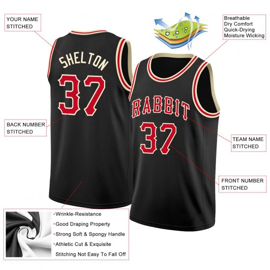 Custom Black Red-Cream Round Neck Rib-Knit Basketball Jersey