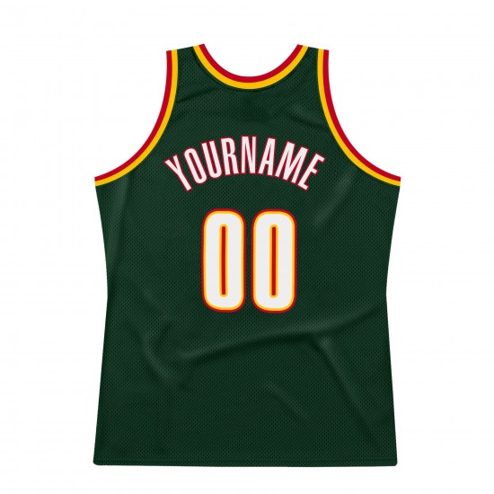 Custom Hunter Green White-Red Authentic Throwback Basketball Jersey