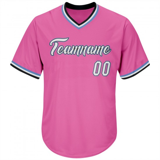 Custom Pink White-Light Blue Authentic Throwback Rib-Knit Baseball Jersey Shirt