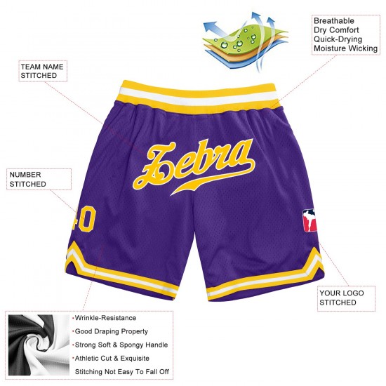 Custom Purple Gold-White Authentic Throwback Basketball Shorts