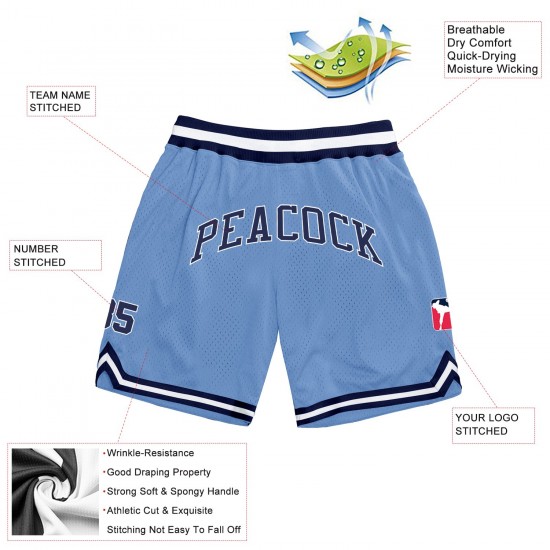 Custom Light Blue Navy-White Authentic Throwback Basketball Shorts