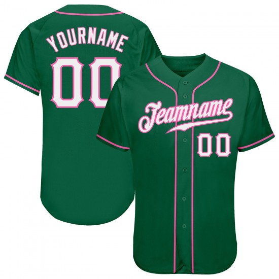 Custom Kelly Green White-Pink Authentic Baseball Jersey