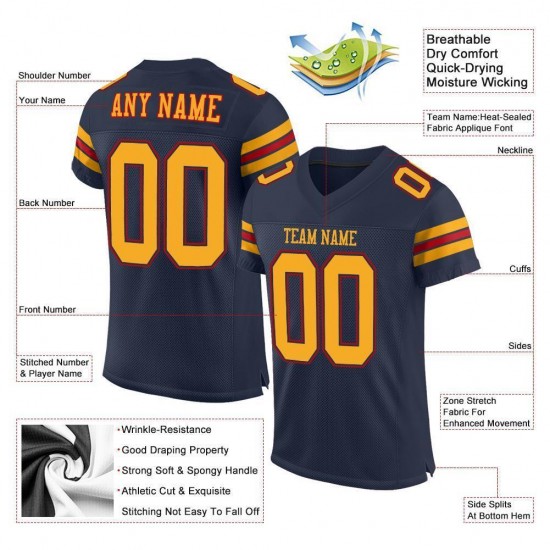 Custom Navy Gold-Red Mesh Authentic Football Jersey