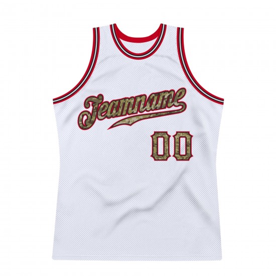 Custom White Camo-Red Authentic Throwback Basketball Jersey