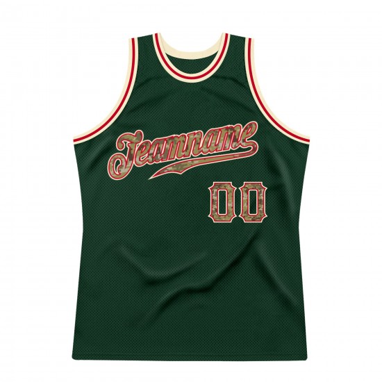 Custom Hunter Green Camo-Cream Authentic Throwback Basketball Jersey