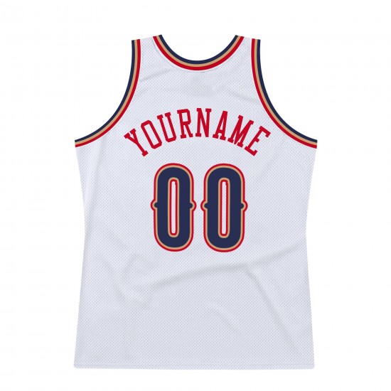 Custom White Navy-Red Authentic Throwback Basketball Jersey