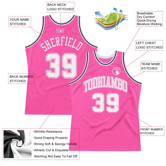 Custom Pink White-Black Authentic Throwback Basketball Jersey