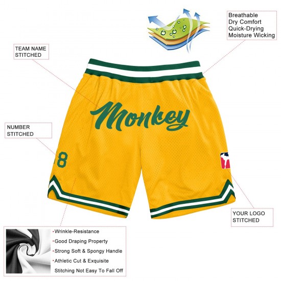 Custom Gold Kelly Green-White Authentic Throwback Basketball Shorts