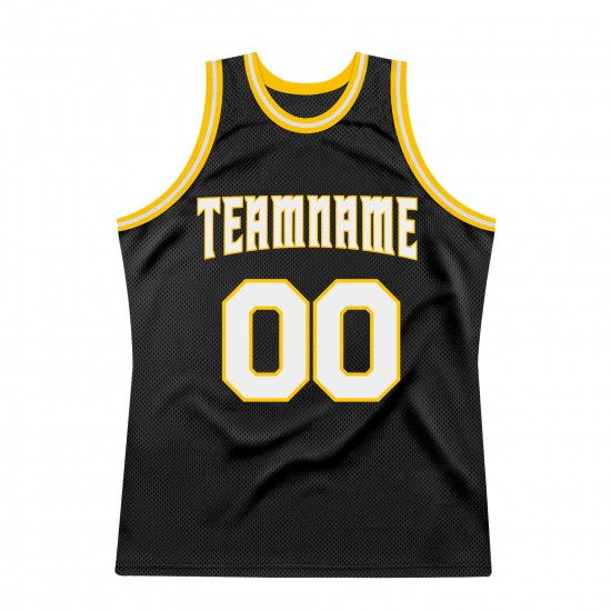 Custom Black White-Gold Authentic Throwback Basketball Jersey