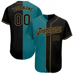 Custom Aqua-Black Old Gold Authentic Split Fashion Baseball Jersey