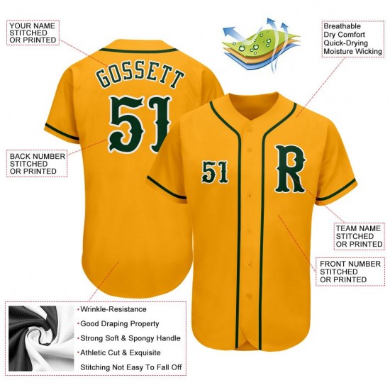 Custom Gold Green-White Authentic Baseball Jersey