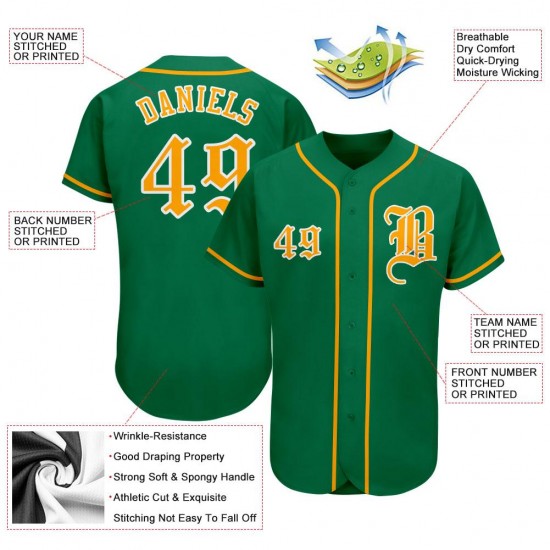 Custom Kelly Green Gold-White Authentic Baseball Jersey