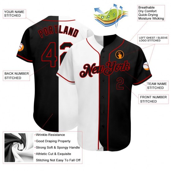 Custom White-Black Red Authentic Split Fashion Baseball Jersey