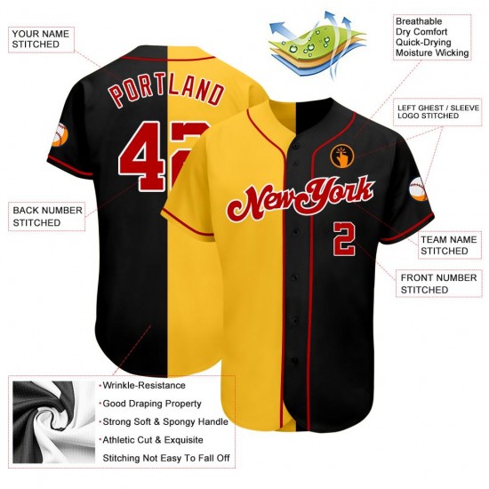 Custom Black Red-Gold Authentic Split Fashion Baseball Jersey