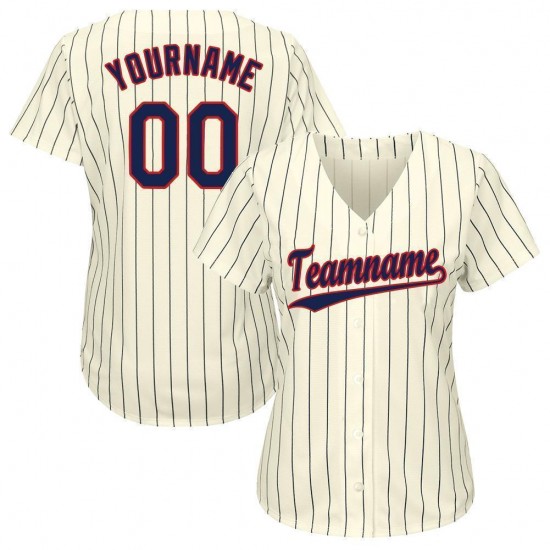 Custom Cream Navy Strip Navy-Red Baseball Jersey