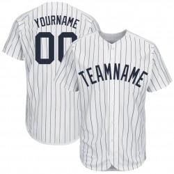 Custom White Navy Strip Navy Baseball Jersey