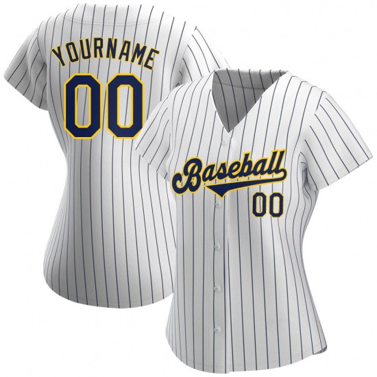 Custom White Navy Strip Navy-Gold Authentic Baseball Jersey