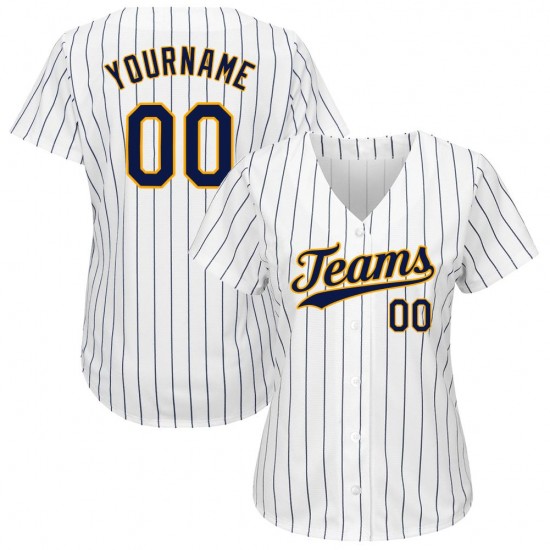 Custom White Navy Strip Navy-Gold Authentic Baseball Jersey