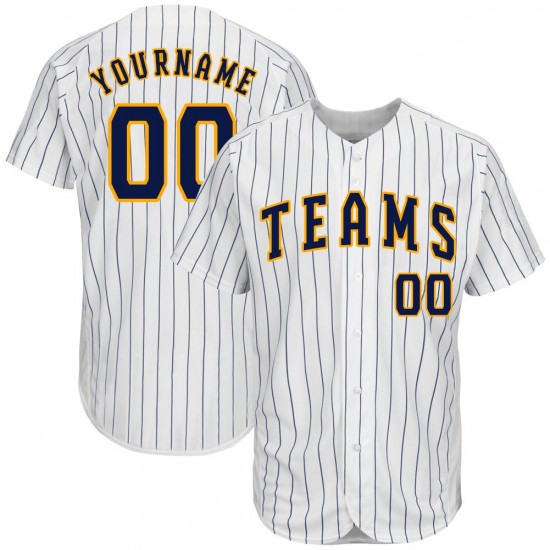 Custom White Navy Strip Navy-Gold Authentic Baseball Jersey