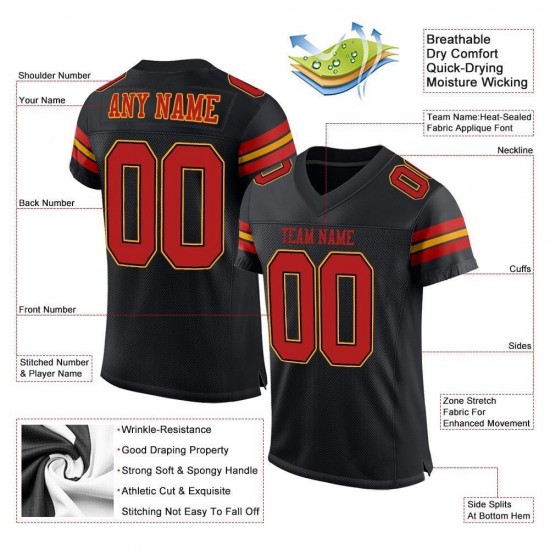 Custom Black Scarlet-Gold Mesh Authentic Football Jersey