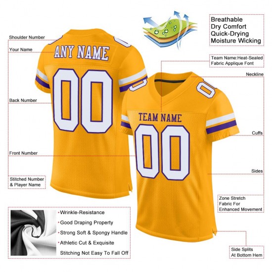 Custom Gold White-Purple Mesh Authentic Football Jersey