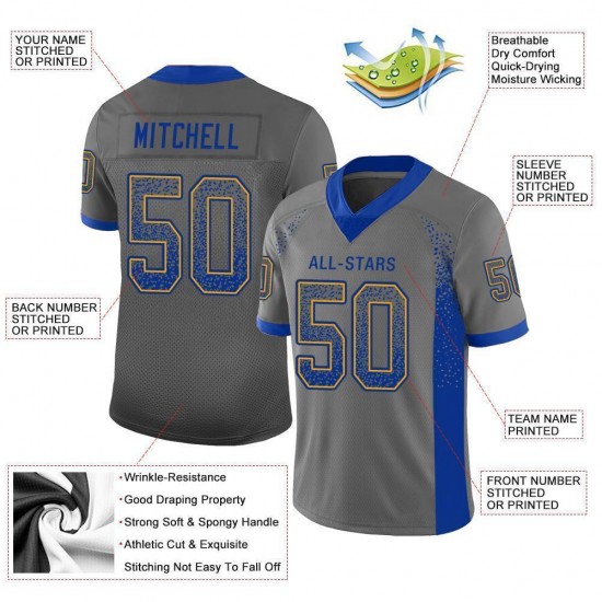 Custom Gray Royal-Gold Mesh Drift Fashion Football Jersey