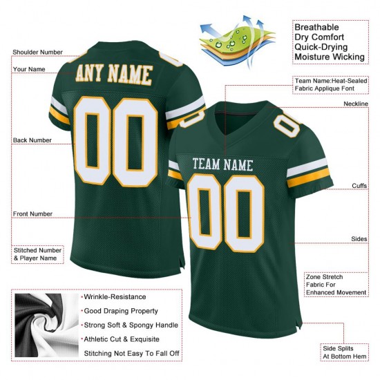 Custom Green White-Gold Mesh Authentic Football Jersey