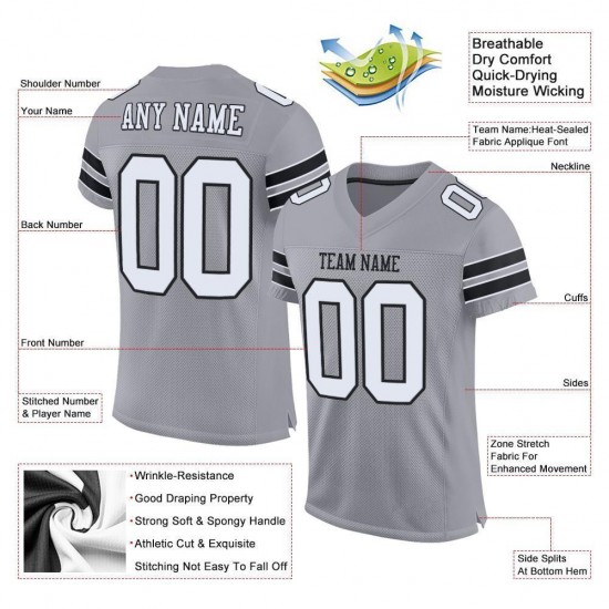 Custom Light Gray White-Black Mesh Authentic Football Jersey