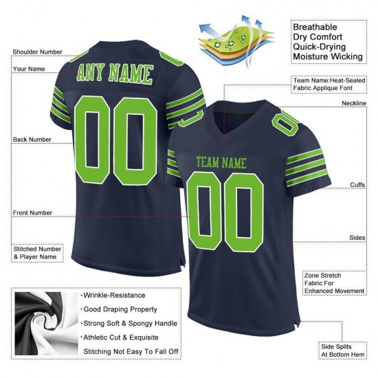 Custom Navy Neon Green-White Mesh Authentic Football Jersey