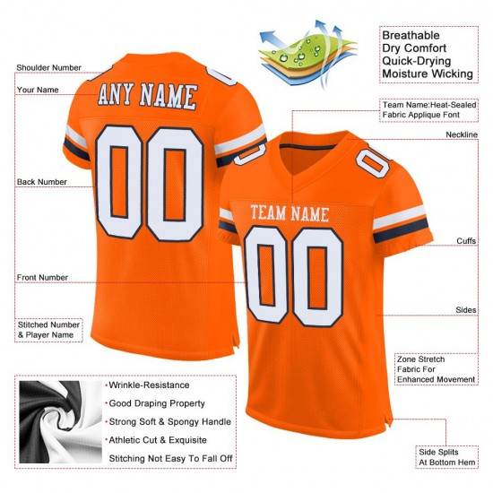 Custom Orange White-Navy Mesh Authentic Football Jersey