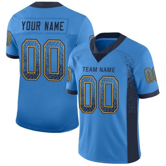 Custom Powder Blue Navy-Gold Mesh Drift Fashion Football Jersey