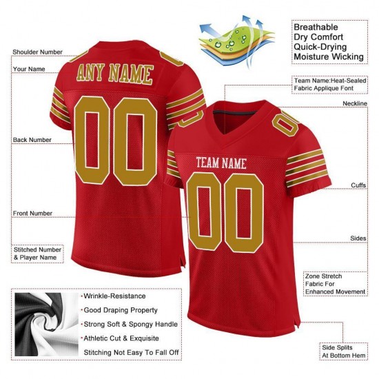 Custom Red Old Gold-White Mesh Authentic Football Jersey