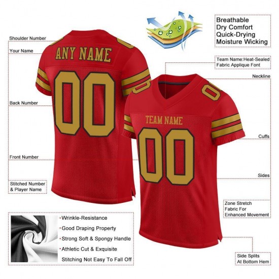 Custom Red Old Gold-Black Mesh Authentic Football Jersey