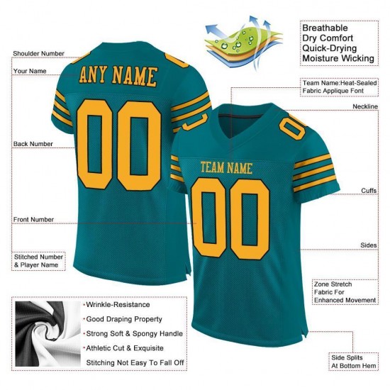 Custom Teal Gold-Black Mesh Authentic Football Jersey