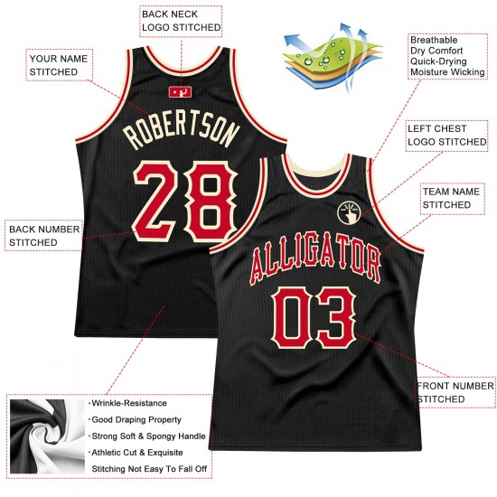 Custom Black Red-Cream Authentic Throwback Basketball Jersey