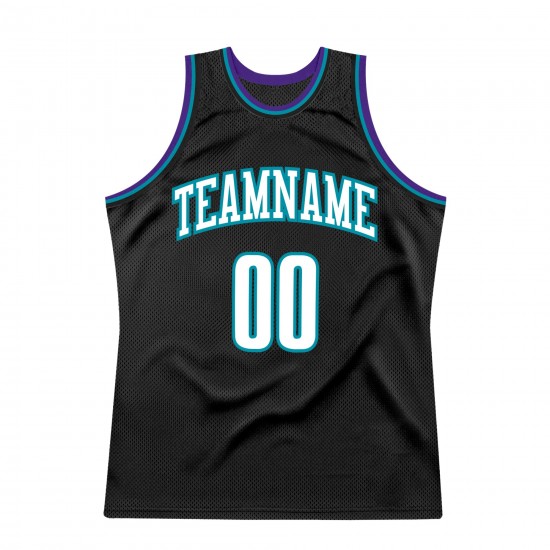 Custom Black White-Teal Authentic Throwback Basketball Jersey