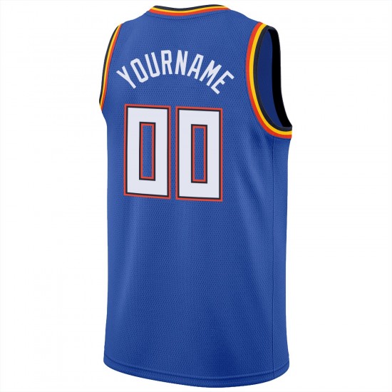 Custom Blue White-Orange Round Neck Rib-Knit Basketball Jersey