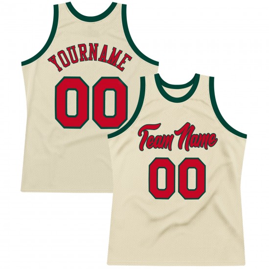 Custom Cream Red-Hunter Green Authentic Throwback Basketball Jersey