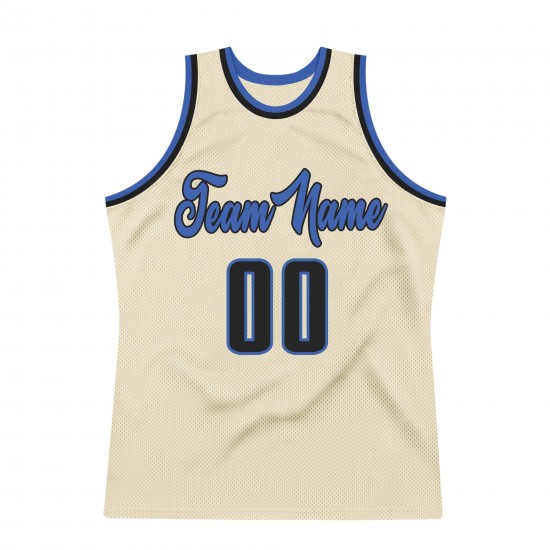 Custom Cream Black-Blue Authentic Throwback Basketball Jersey