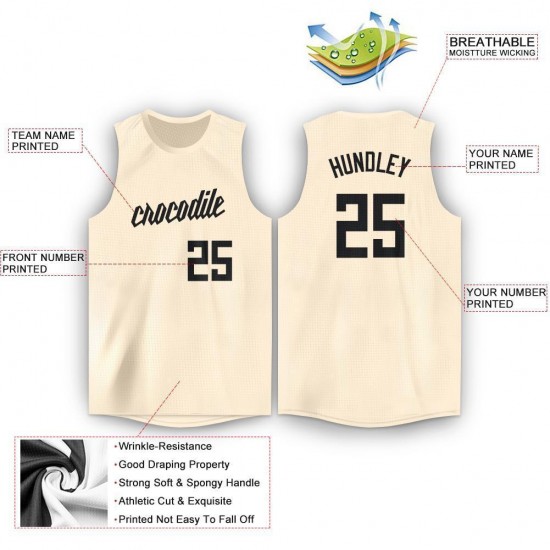 Custom Cream Black Round Neck Basketball Jersey