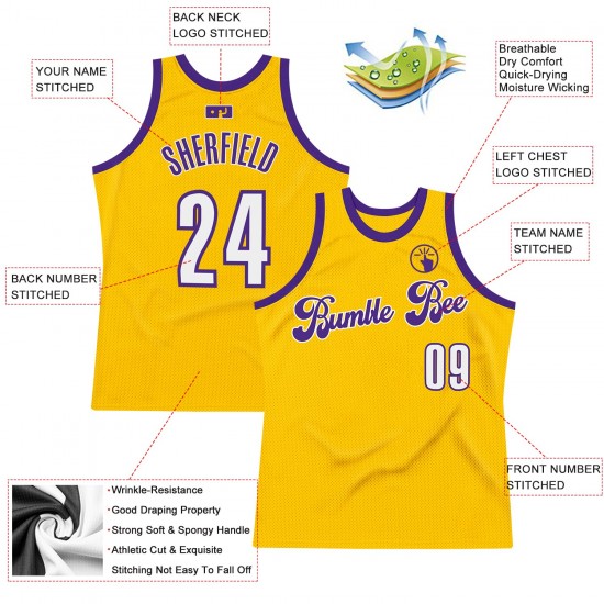 Custom Gold White-Purple Authentic Throwback Basketball Jersey