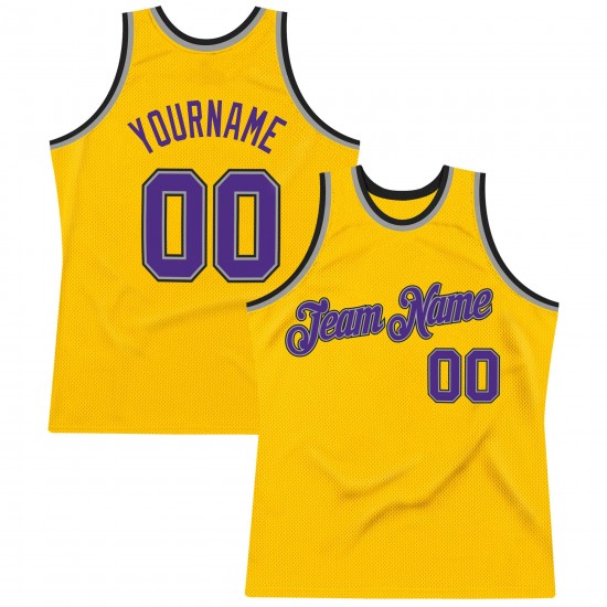 Custom Gold Purple-Silver Gray Authentic Throwback Basketball Jersey