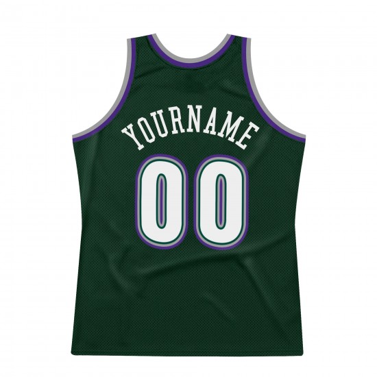 Custom Hunter Green White-Purple Authentic Throwback Basketball Jersey