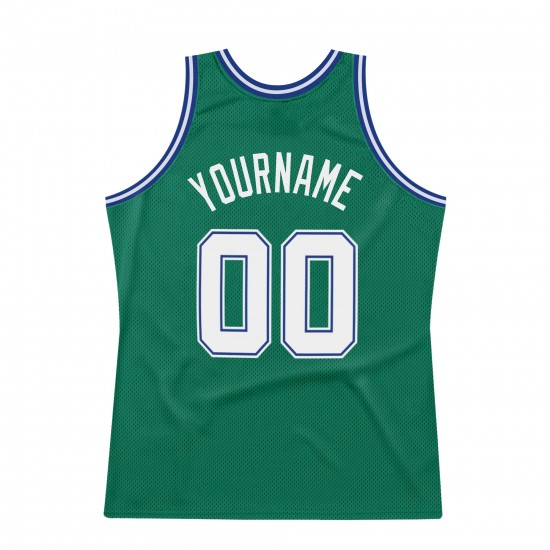 Custom Kelly Green White-Royal Authentic Throwback Basketball Jersey