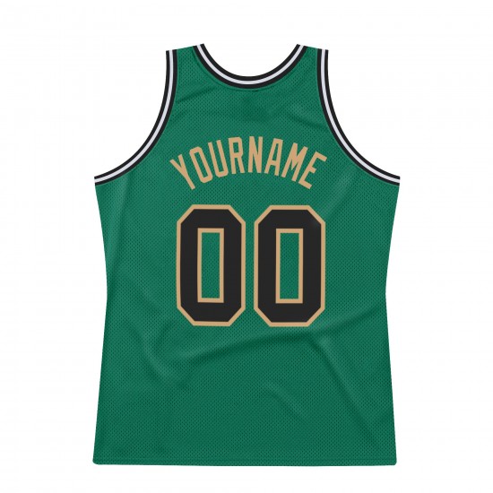 Custom Kelly Green Black-Old Gold Authentic Throwback Basketball Jersey