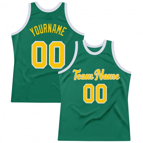 Custom Kelly Green Gold-White Authentic Throwback Basketball Jersey