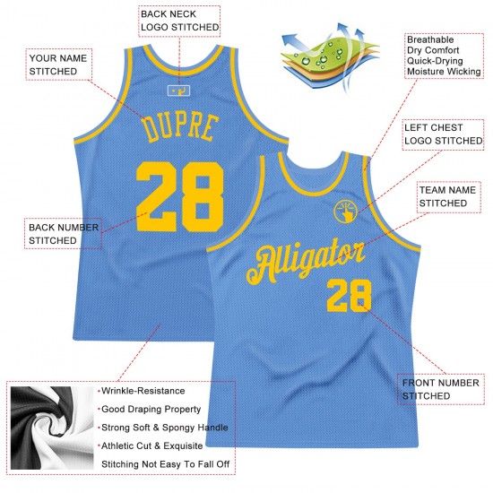 Custom Light Blue Gold Authentic Throwback Basketball Jersey